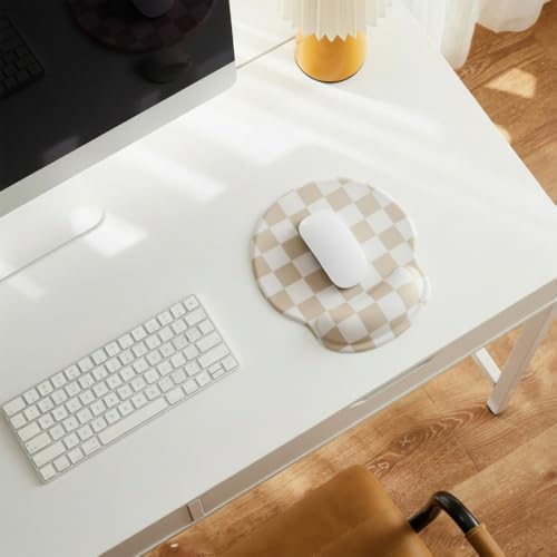 Ohocut Beige White Checkered Mouse Pad with Gel Wrist Rest, Wrist Support, Ergonomic Desk Accessories for Women, Office Laptop Gaming Decor, Cute Aesthetic Check Design - Image 2