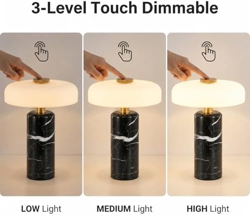 Cordless Marble Table Lamp with Glass Shade,Touch Dimmable Stone Lamp - Image 5
