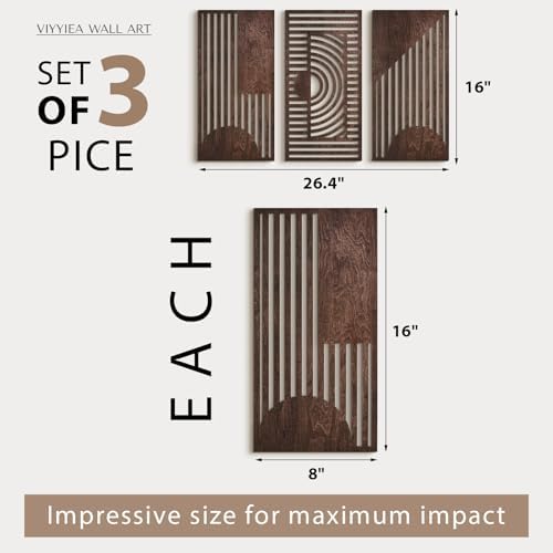 VIYYIEA Boho Solid Wood Carved Wall Art Set of 3, Geometric Minimalist Wooden Home Decor Panels, Handcrafted Solid Wood Wall Hanging for Living Room Bedroom Hallway, 16 x 8 Inch Each (Geometry I) - Image 2