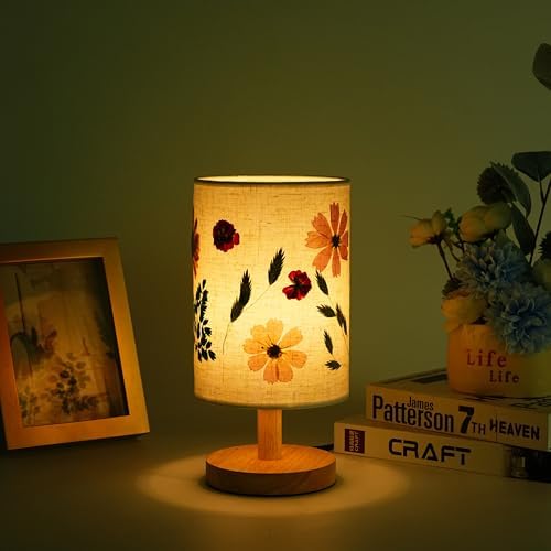 Decorative Table Lamp with Floral Shade Design, Wooden Base, Fabric Lampshade, Ambient Lighting for Bedroom, Living Room (Beige) - Image 3