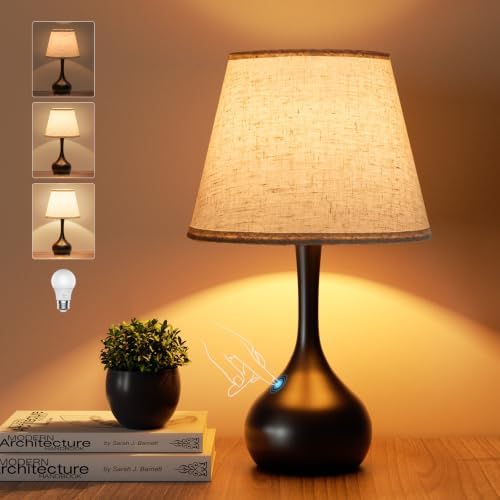 ONEWISH Touch Bedside Lamp, Farmhouse 3-Way Dimmable Table Lamps for Nightstand with Fabric Shade, 17.32'' Desk Lamp for Reading, Bedroom, Livingroom, Office by onewish