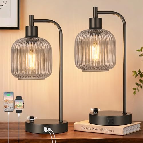 Grey Glass Table Lamps Set of 2, Dimmable Bedside Lamps for Living Room by Qimh