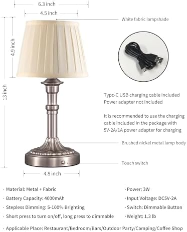 KDG Nickel Cordless Table Lamps Set of 2, Beige Fabric Shade Desk Lamp - Image 5