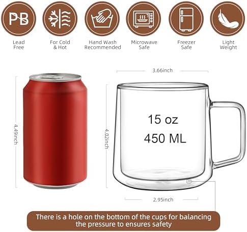 CNGLASS 15oz Double Walled Glass Coffee Mugs,Large Insulated Glass Mugs with Handle,Clear Coffee Cups for Espresso,Latte,Cappuccino,Tea,Set of 2 - Image 2