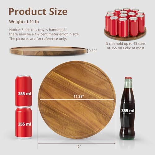 12 Inch Acacia Wood Round Tray, Wooden Decorative Bathroom Coffee Table Tray Centerpiece Candle Holder for Farmhouse Kitchen Dining Room Home Decor Coffee Table Decor and Accessories - Image 2