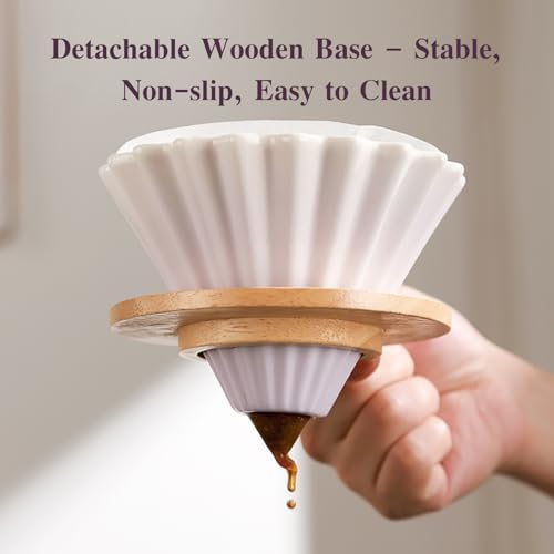 Bincoo Ceramic Coffee Dripper,Pour Over Coffee Dripper with Wood Stand, Flower-shape for 1-2 Cups Slow Brewing Maker for Home Cafe (Purple) - Image 4