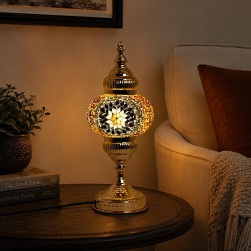 GOGERS Turkish Mosaic Table Lamp, Amber Glass Bedside Lamp with Gold Metal Base, E12 LED Bulb Included, Warm Ambient Decorative Lamp for Bedroom, Living Room, Nightstand, Home Decor Gift (Brown) - Image 7