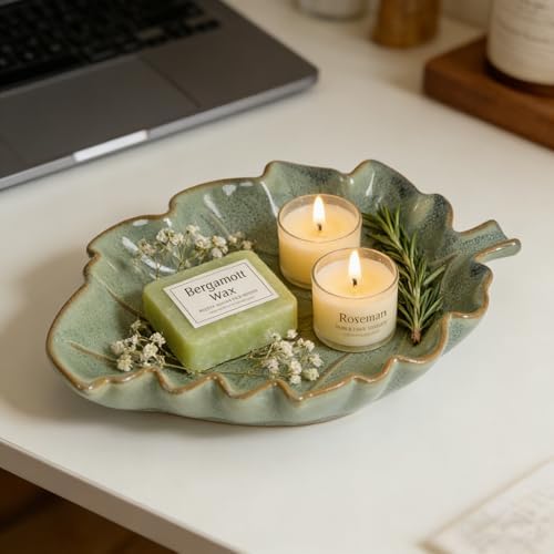 Ceramic Leaf Shaped Dish 7.1" x 5.3" Small Decorative Tray for Jewelry, Soap, Keys, Snacks, Green Glazed Leaf Bowl for Bathroom Vanity, Kitchen Counter, Boho Farmhouse Home Decor - Image 5