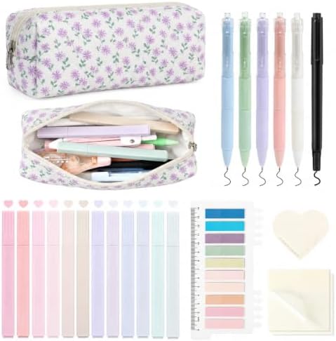 22Pcs Book Annotation Kit Aesthetic Pencil Case with Supplies School Annotation Supplies Gel Pen Transparent Sticky Note Taking Bible Study College Stationery Supplie (Lavender Floral) by AILEAM