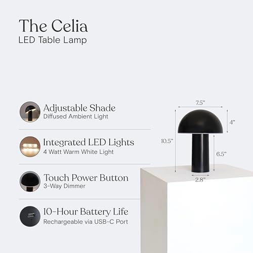 Brightech Celia Small Table Lamp – 10" Touch-Controlled Mushroom Accent Lamp, Cordless & Dimmable Portable Rechargeable Bedside Night Light, Sustainable Recycled Modern Patio Lamp, Home Décor – Black - Image 3