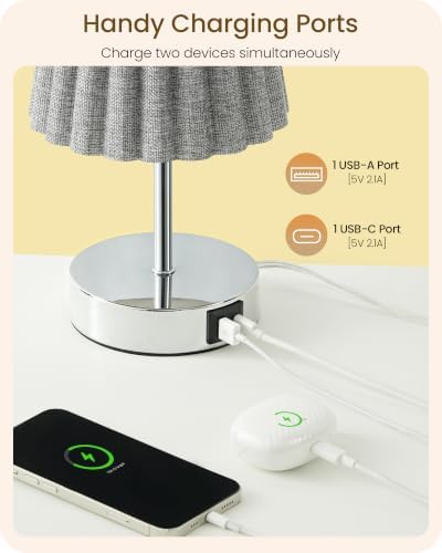 Small Bedside Table Lamp, Touch Dimmable Table Lamp with USB Ports, Nightstand Lamp with a Stepless Dimming LED Bulb, E26 Base, for Bedroom, Study, Desk, Glossy Gray and Gray PSH16TL05 - Image 3