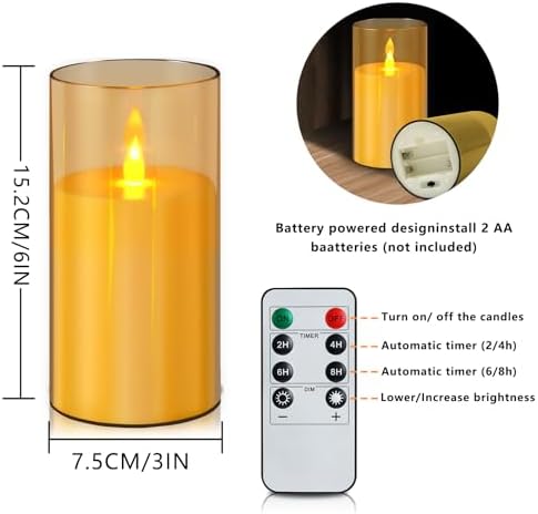 wemarry Flameless Candles Acrylic Glass Pillars 3" D x 6" H Battery Operated Flickering Candles Include 8-Key Remote with Timer Function 400+ Hours (Amber, Warm Light 2 Pack) - Image 3