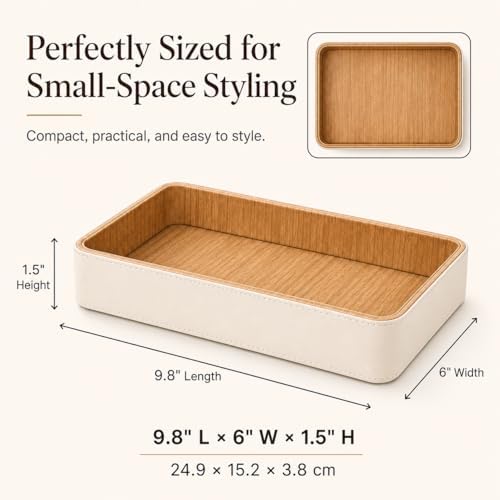 GORESE Rectangle Perfume Tray for Dresser, PU Leather Jewelry Tray for Vanity, Cream White & Wooden - Image 6