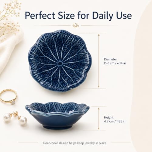 Dark Blue Lotus Ceramic Jewelry Dish Tray, Aesthetic Flower Shaped Trinket Tray for Rings Earrings Necklace, Minimalist Vanity Organizer Plate, Elegant Nightstand Bathroom Desk Decor Gift for Women - Image 3