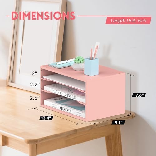 3 Tier Wood Desk Organizer, Mail Sorter and Paper Organizer for Desk, Pink - Image 3