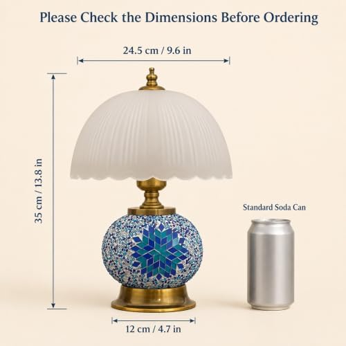 Boho Blue Mosaic Small Table Lamp with White Glass Shade - Image 2