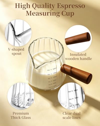 2 PCS Espresso Measuring Cup 6 Oz, Espresso Glass Cups with Wood Handle, Milk Frothing Cup, Espresso Cup for Coffee, Milk, Tea or Maple Syrup Serving - Image 4