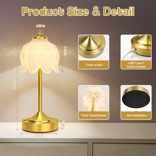 Cordless Table Lamp, Rechargeable White Glass Lotus Flower Lamp - Image 7