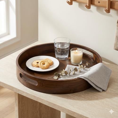 Round Trays Home Decor, 11.8" Large Round Wood Tray for Ottoman Coffee Table Trays, Wooden Kitchen Serving Decorative Trays for Home Office Counter Serveware Organizer, Walnut - Image 6