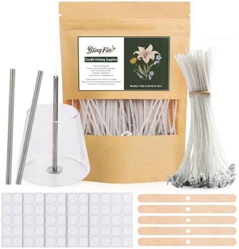 200pcs Natural Candle Wick kit,100pcs Wick Stickers with 5pcs Wick Holders and 2pcs Wick Placing Tube，for Soy Wax, Beeswax, Coconut Wax - DIY Candle Making Supplies for Beginners & Professionals by Blingfun