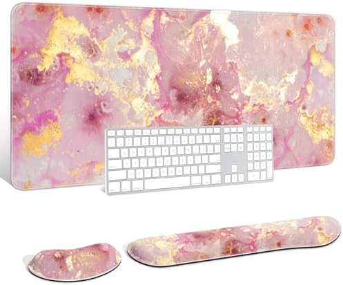 Auhoahsil Large Mouse Pad with Wrist Rests for Keyboard & Mouse, Thick Soft Ergonomic Memory Foam Wrist Supports, Big & Long Desk Mat 35.5 x 15.7 in, for Office Gaming Computer, Pink Gold Marble by Auhoahsil
