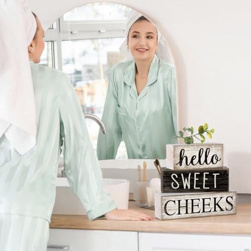 Moucuny 4 Pcs Bathroom Shelf Decor Hello Sweet Cheeks Sign Farmhouse Decor - Image 6