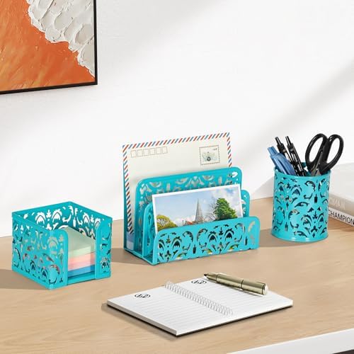 EasyPAG Desk Organizers and Accessories 3 Pieces Office Organizer Set - Pen Holder for Desk, Mail Sorter Countertop and Sticky Note Holder, Dark Teal - Image 3