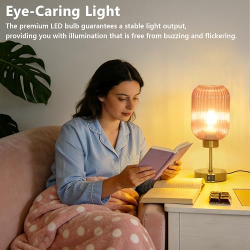 LAMSU Vintage Pink Table Lamp Touch Control, Small Glass Desk Lamp with Bulb, Charging Port, Mid Century Modern Bedside Lamp, 3 Way Dimmable Nightstand Lamp for Bedroom Living Room Home Decor - Image 4