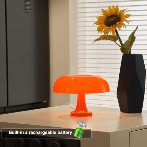 Cordless Mushroom Table Lamp, Rechargeable Orange Bedside Lamp with Touch Control and 3 Color Stepless Dimming, Portable Desk Lamp for Dinner/Restaurant/Bedroom (W11'' x H7.67'') - Image 6