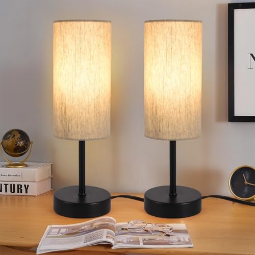 RISLG 2 Pack Small Table Lamps for Bedroom, Bedside Lamps for Nightstand with Wire Switch, Minimalist Modern Desk Lamps with Linen Fabric Shade for Kids Room Living Room Office Dorm, Bulb Included by Rislg