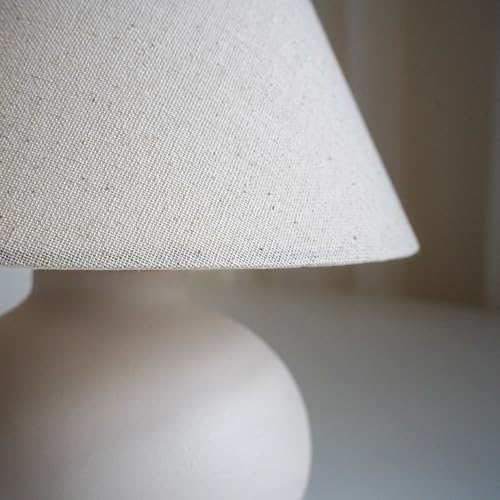 11" Small Table Lamp – Handmade Round Ceramic Cream Base with Off-White Fabric Shade, Dimmable Plug-in Nightstand or Accent Light – Organic Boho Japandi Decor for Bedroom or Small Spaces - Image 5