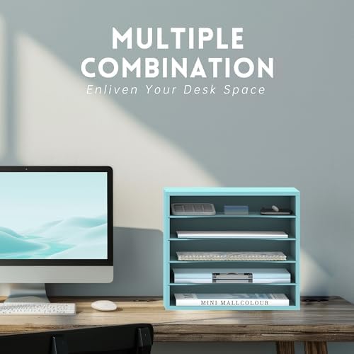 5 Tier Wood Desk Organizer, Mail Sorter and Paper Organizer for Desk, Blue - Image 4