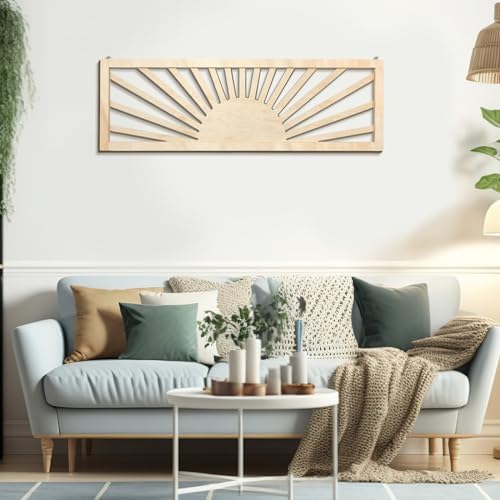 Burbell Horizontal Sun Wall Art, Boho Wooden Room Decor, 35"x12" Wood Color by Duucoepl