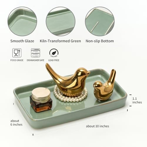 10"×6"×1" Bathroom Vanity Tray for Countertop- Ceramic Decorative Organizer Tray for Dresser Tops, Toilet, Perfume, Sponge Holder Soap Dish Dispenser for Kitchen Counter- Kiln-Transformed Green - Image 2