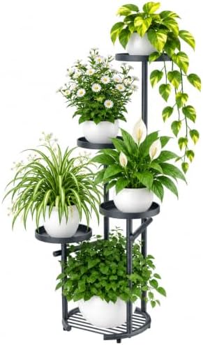 TOSKING Tall 5-Tier Round Metal Corner Plant Stand Indoor, Anti-Tip, Gray by TOSKINGESSENCE