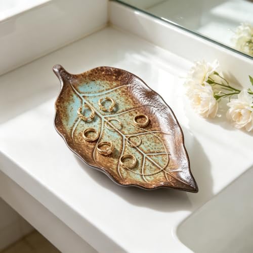 Ceramic Leaf Jewelry Dish,5.9in Jewelry Tray,Ring Holder Dish(Brown) - Image 3