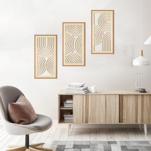 IARTTOP Boho Wooden Framed Wall Art Set of 3 Mid-Century Modern Wood Wall Decor Minimalist Natural Bohemian Home Decor for Living Room Dining Room Office - Image 6