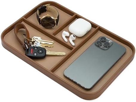 MUUJEE Leather Catchall Multitray (Design 1) - 11.65 x 7.75 x 0.8, Everyday Watch and Wallet Caddy Organizer with 4 Compartments, Accessory Glasses Phone Valet Dump Tray for Bedside Nightstand, Tan by MUUJEE