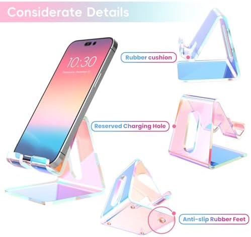 Crpich Acrylic Cell Phone Stand, Portable Phone Holder, Phone Stand for Desk, Compatible with Phone16 15 14 13 12 Pro Max Mini 11, Switch, Android Smartphone, Pad, Tablet, Iridescent Color - Image 4