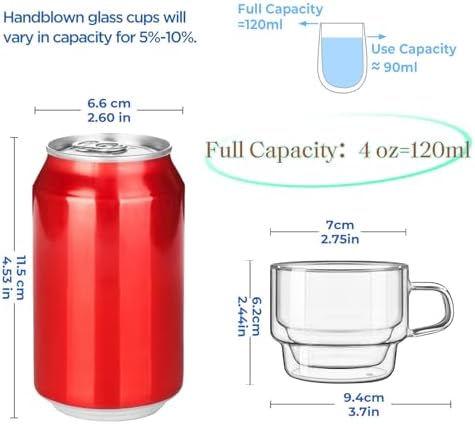 glastal Stackable Glass Cups 4 oz Espresso Cups Double Walled Set of 4 - Image 2