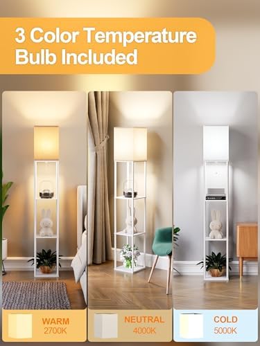 Floor Lamp with Shelves for Living Room White, Shelf Floor Lamp with 3 CCT LED Bulb, Corner Display Standing Column Lamp Etagere Organizer Tower Nightstand with White Linen Shade for Bedroom, Office - Image 3
