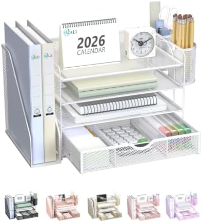 WALI Desk File Organizer, 4 Tier Desktop Paper Letter Tray Organizer with Drawer and 2 Pen Holders, Office Desk Accessories & Workspace Organizers for Office, Home Supplies(DO005DH-W), 1 Pack, White by WALI