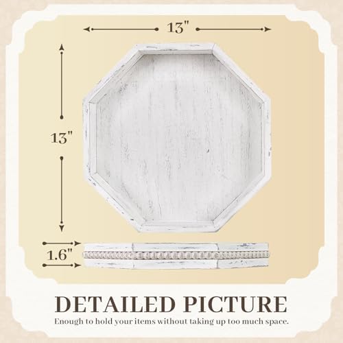 Wooden Decorative Tray, Small Serving Tray with Wood Bead, Farmhouse Big Tray for Ottoman, Countertop, Coffee Tabl, 13" x 13"x 1.6" (Retro White) - Image 2