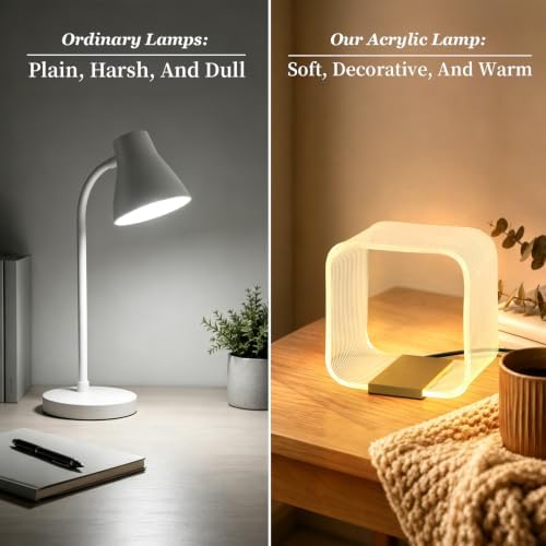 LED Small Table Lamp, Modern Minimalist Square Hollow Acrylic Nightstand Lamp, Warm Plug-in Desk Lamp for Bedroom Living Room Home Decor - Image 3