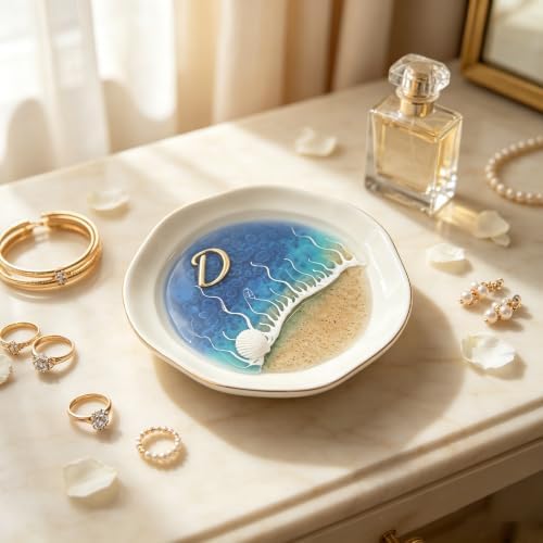 Ocean Resin Jewelry Tray, Ceramic Ring Dish with Gold Trim, Beach Wave Jewelry Holder Organizer for Vanity Bathroom, Small Decorative Trinket Dish for Women (D) - Image 2