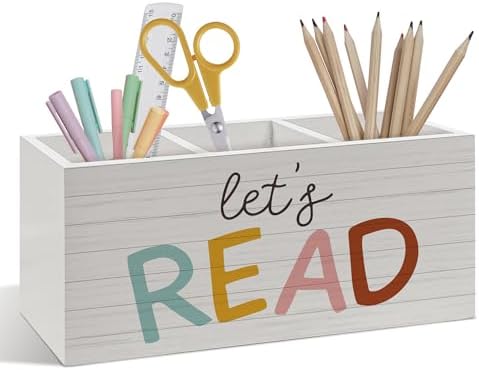 Book Lovers Gifts Pen Pencil Holder, Book Reader Gifts, Boho Desk Accessories, Let's Read Wooden Pen Pencil Organizer for Reading Room Corner Nook Classroom Library Desk Decor by Foyoulame