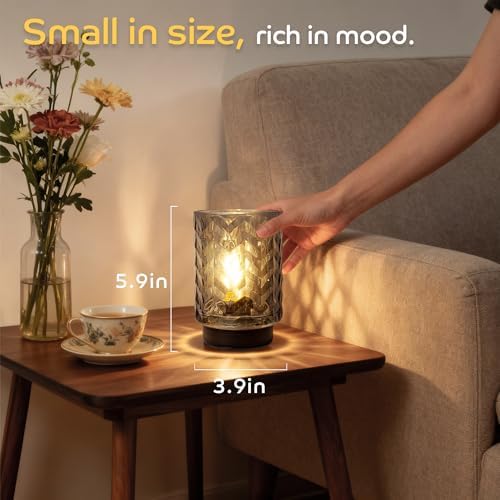 LUSHARBOR Battery Operated Lamp with Timer, Small Table Lamp for Office Desk Decor, Glass Cordless Lamp Bedside Cozy Light for Living Room Aesthetic, Entryway Wave Design-Grey - Image 3