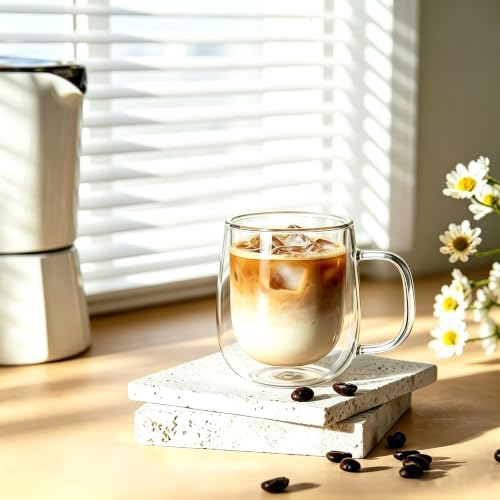 CNGLASS 8.5oz Glass Coffee Mug,Double Walled Glass Mugs with Handle,Clear Espresso Cups for Latte,Cappuccino,Tea Bag,Set of 4 - Image 4