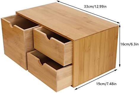 Bamboo Desk Organizer Small Retro Bamboo Tabletop Storage Box with Drawers& Recess Handles for Office Home Supplies Table Storage Collector 13 * 7.5 * 6in (3 Drawers/1 Left&2 Right) - Image 3