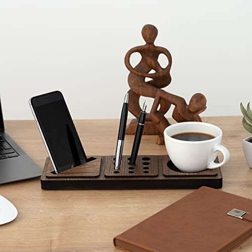 Vigo Wood 3-Compartment Desk Organizer, Vertical Phone Holder Stand, Pen Paperclip Note Storage for Home Office Accessories Small (Walnut) - Image 4